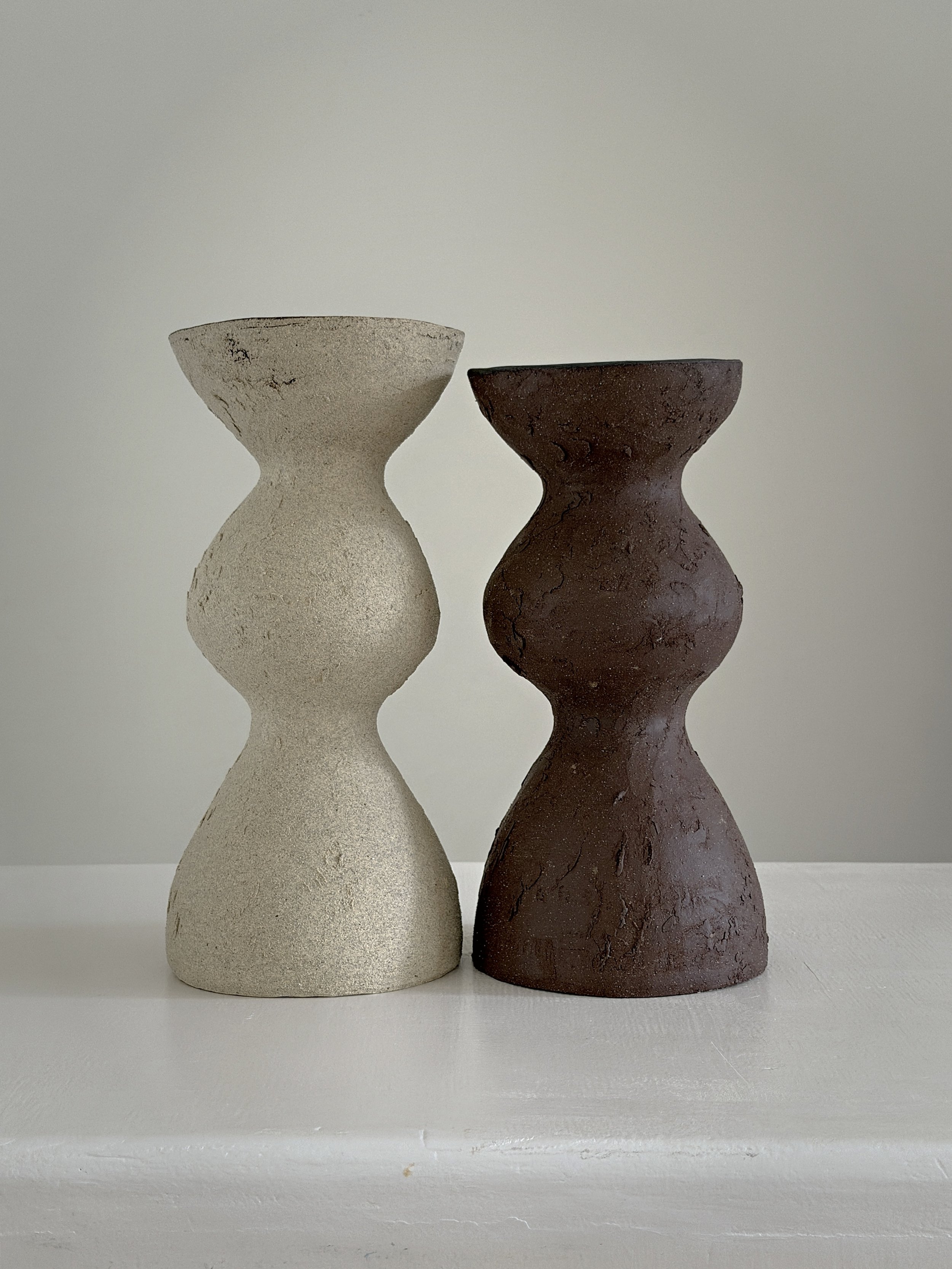 Beige Totem Vase by Anastasia Babenko — with a brutalist, totem-like silhouette in raw beige stoneware, sculptural decor for design-led spaces
