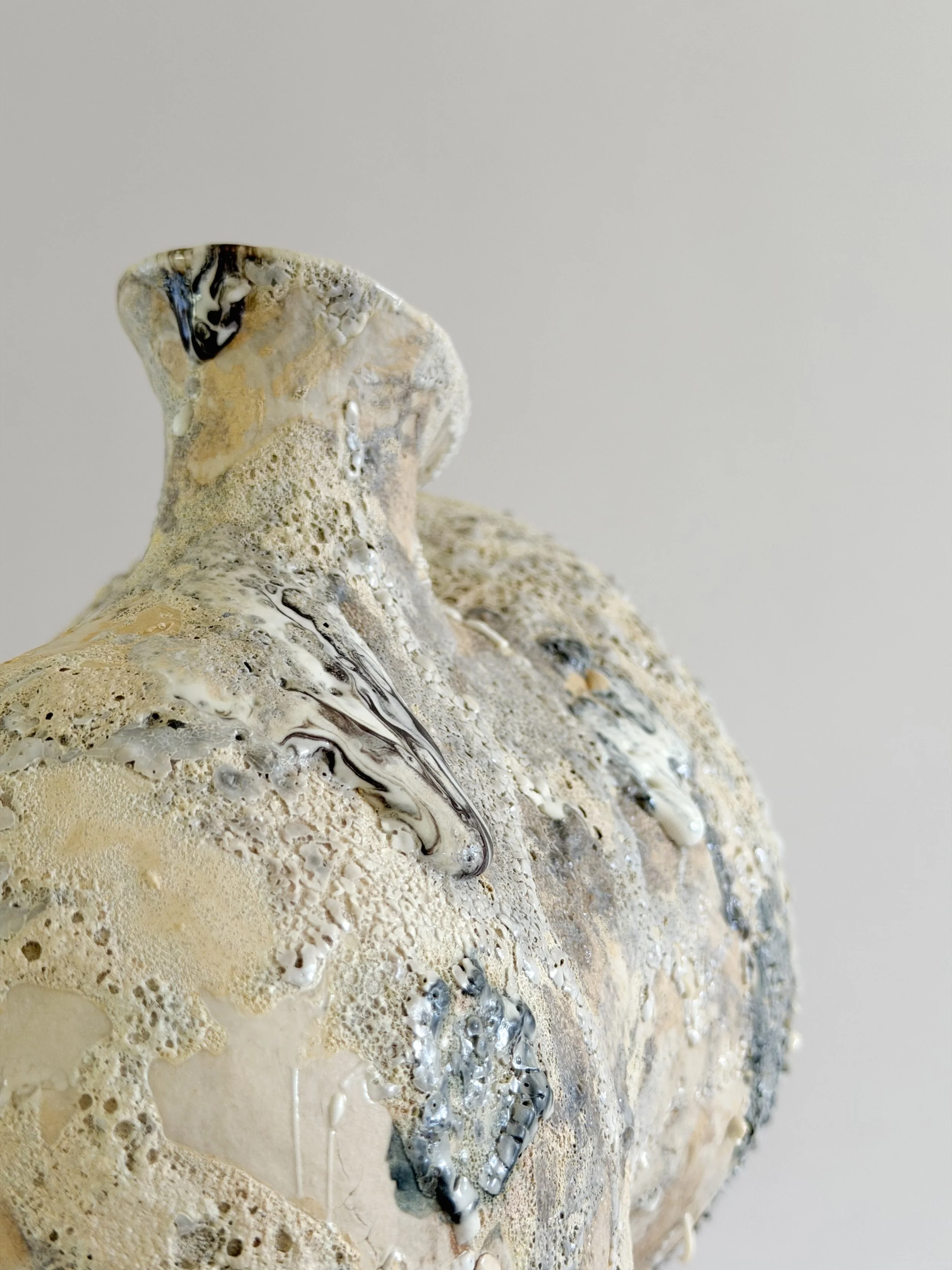 Hand-built ceramic vase: Form No. 1, with two full volumes resting under a crawling, sand-colored mineral crust — Anastasia Babenko
