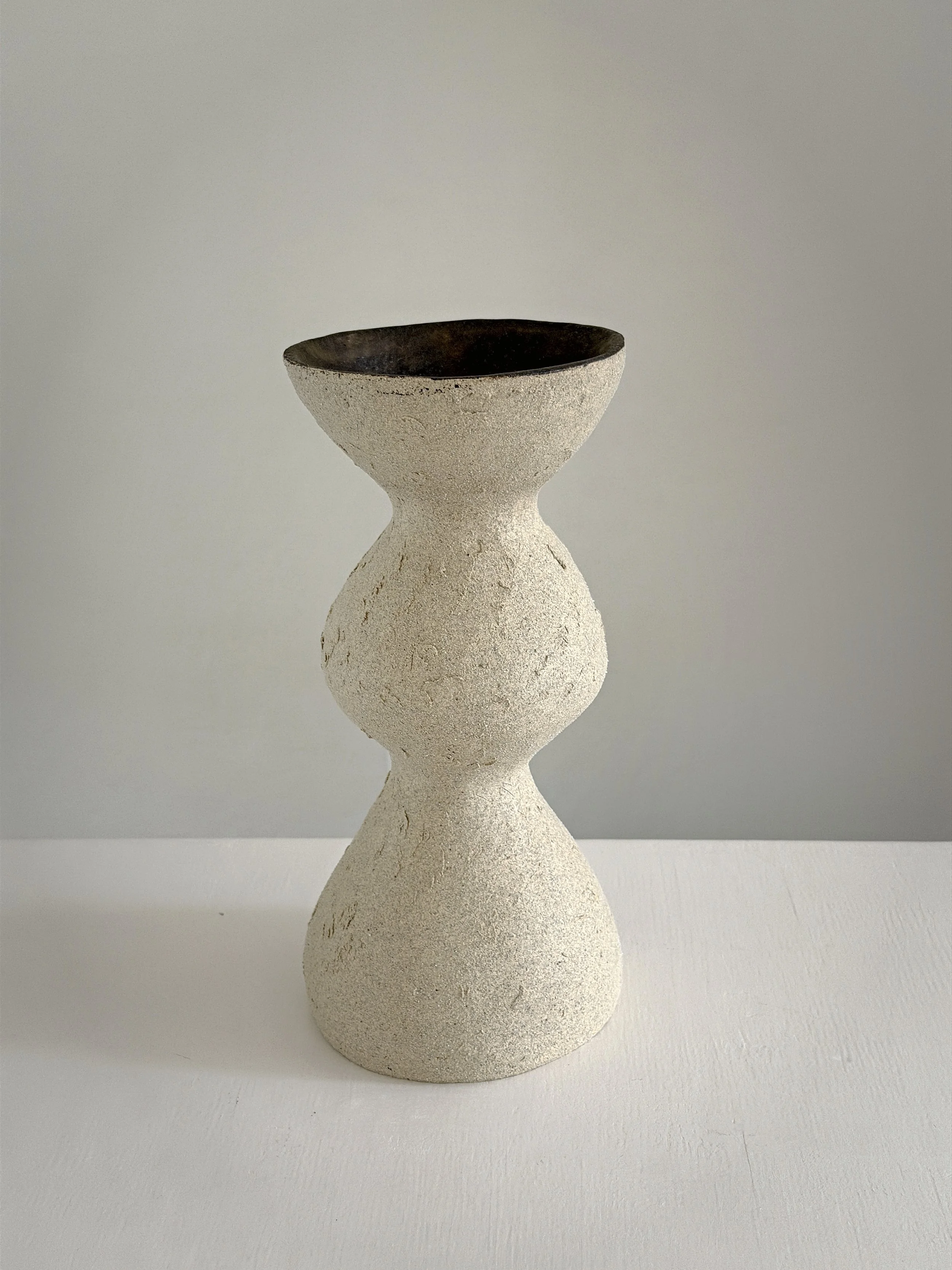 Hand-built ceramic vase: Beige Totem Vase, with a brutalist, totem-like silhouette in raw beige stoneware — Anastasia Babenko