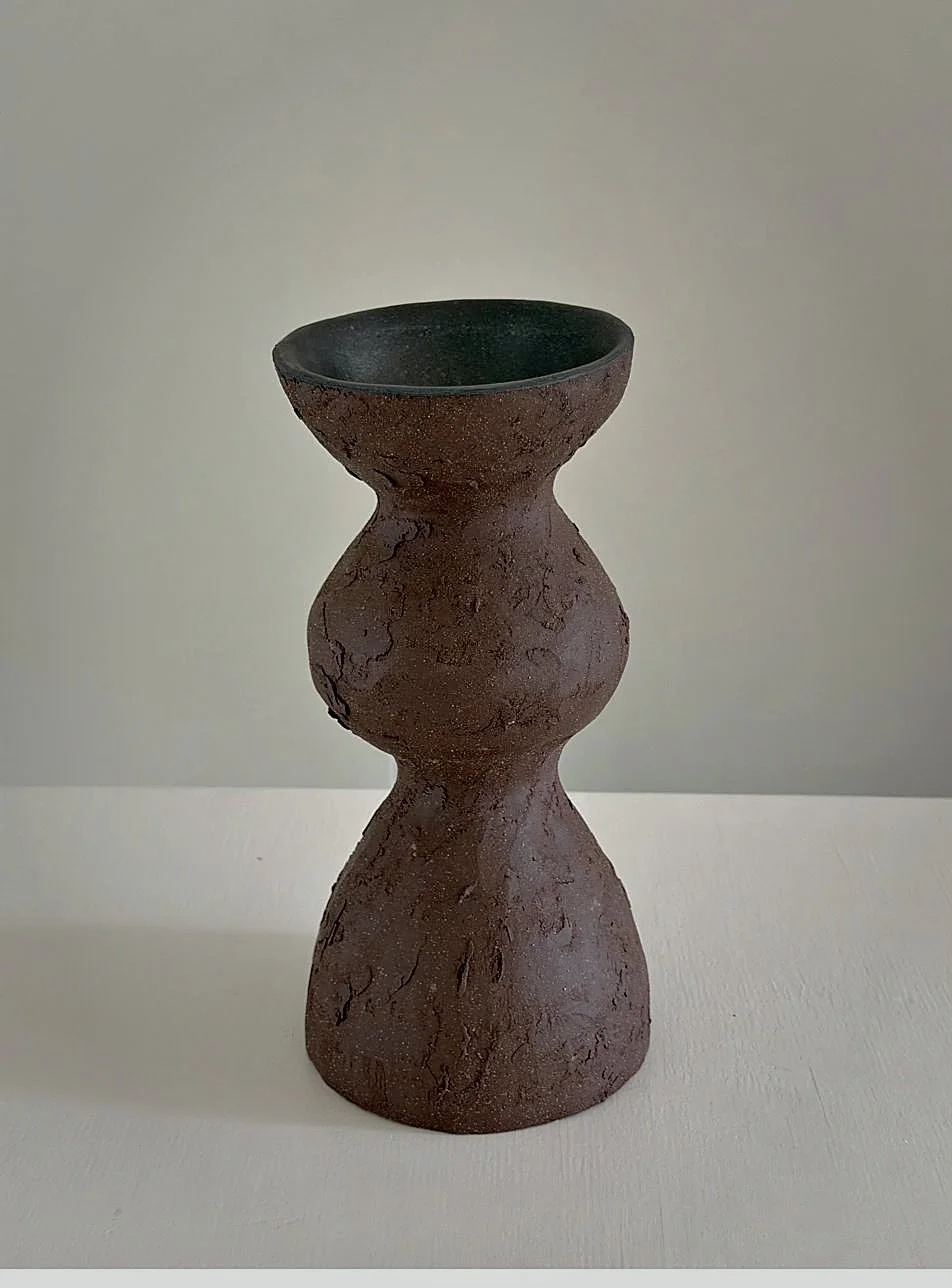 Dark Brown Totem Vase, with a brutalist, totem-like architectural silhouette in deep brown stoneware — sculptural ceramic vase sculptural