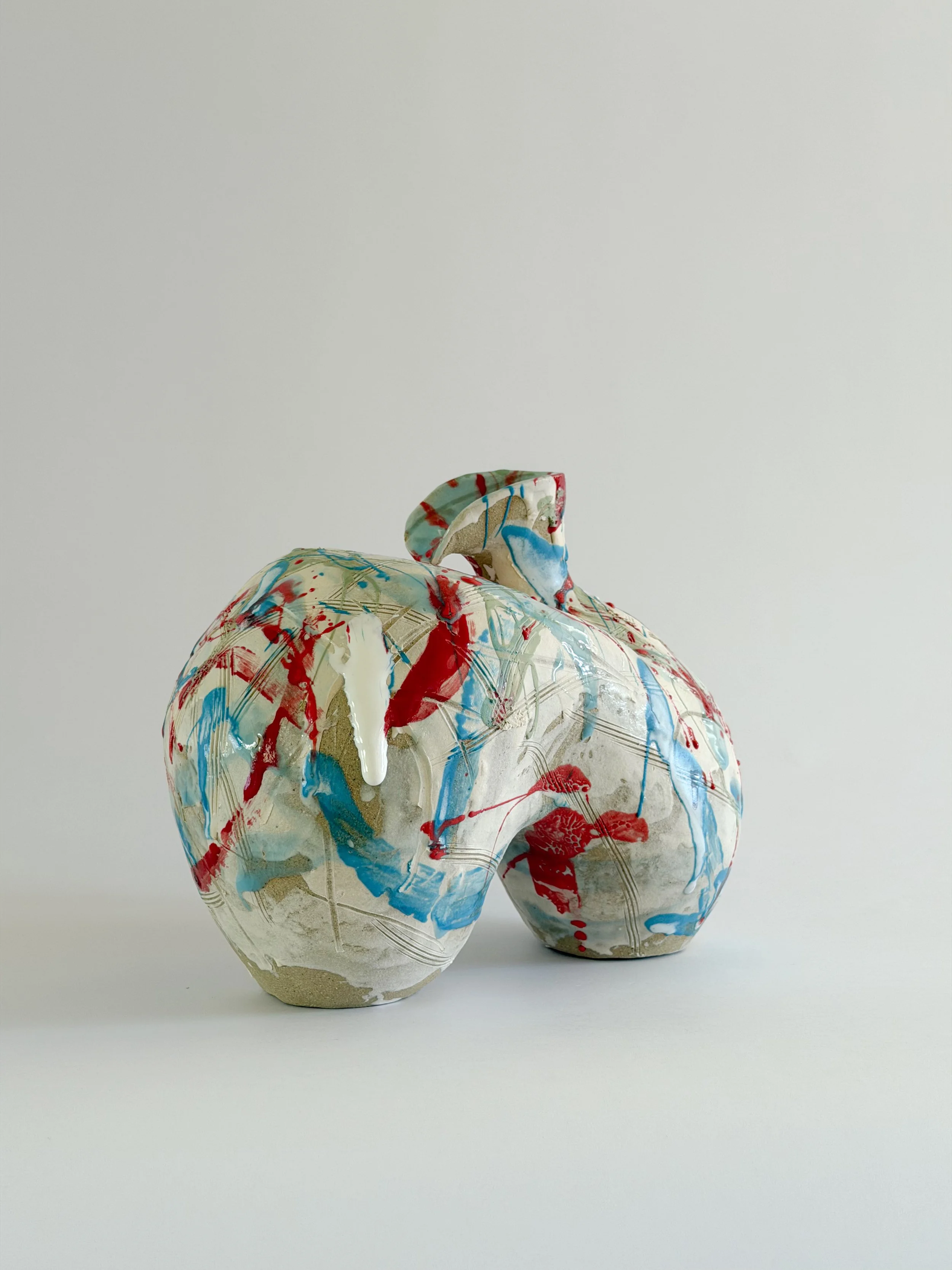 Hand-built ceramic vase: Form No. 2, with runny white glaze over red, turquoise and green and fine incised lines — Anastasia Babenko