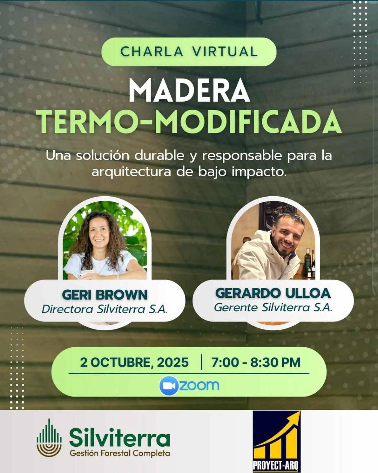 Proyect-Arq le est&aacute; invitando a una reuni&oacute;n de Zoom programada.

Tema: Madera Termo-Modificada
Hora: 2 oct 2025 07:00 p. m. Costa Rica
&Uacute;nase a la reuni&oacute;n de Zoom
https://us06web.zoom.us/j/89744791826?pwd=MVquIZ0qPj5klcpH4d