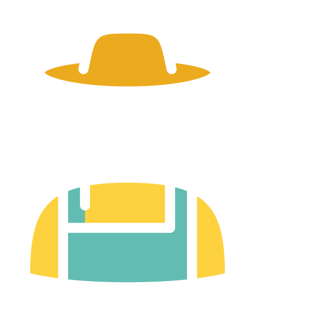 Icon of a person wearing a hat and apron, holding a pitchfork.