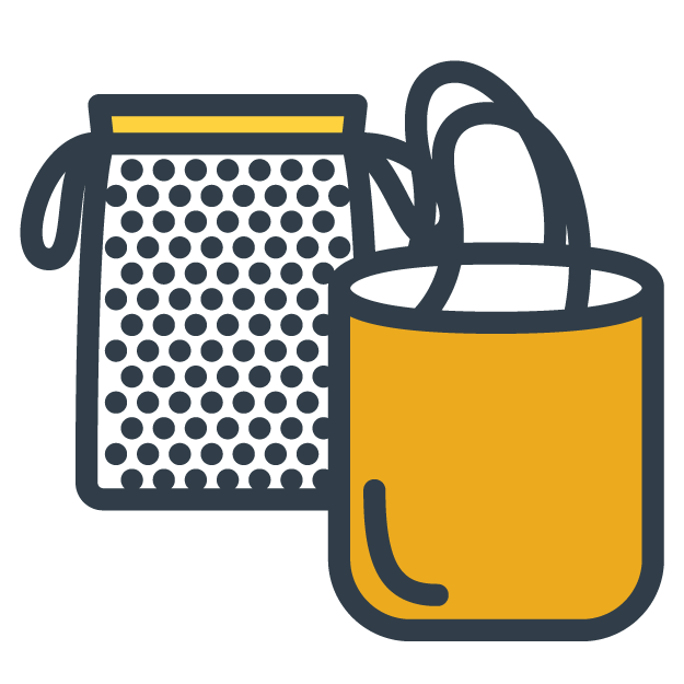 Illustration of a yellow mug with a tea bag inside and a tea infuser behind it.