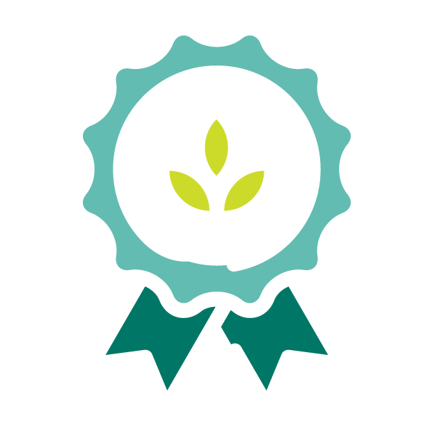 Green plant inside a circular badge with ribbon, symbolizing eco-friendly or organic certification.