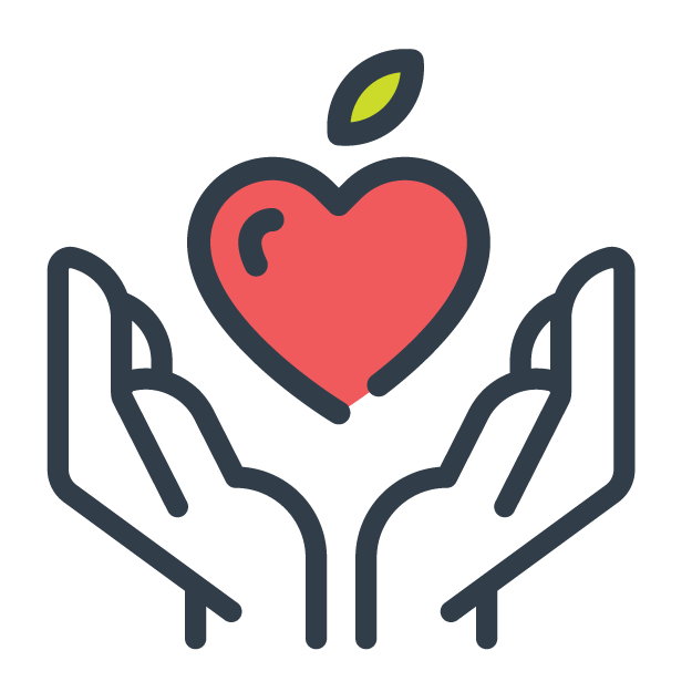Illustration of two hands holding a red heart with a small green leaf above it.