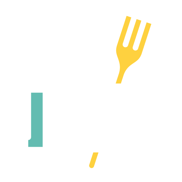 A graphic of a hand holding a fork, with the hand outlined in white and the fork in yellow on a black background.