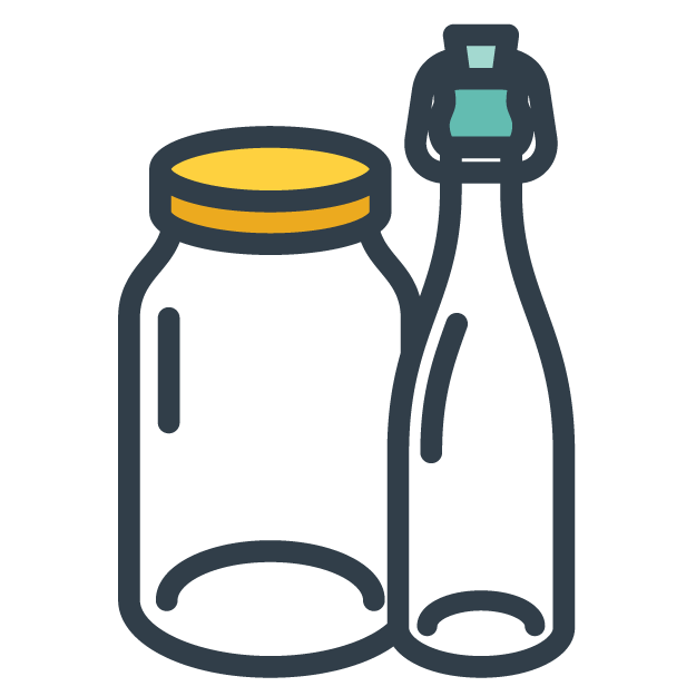 Drawing of a glass jar and a glass bottle, both with open tops.