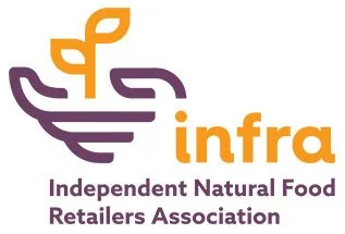 Logo of the Independent Natural Food Retailers Association with a stylized leaf and container, featuring the words 'infra' and 'Independent Natural Food Retailers Association'.