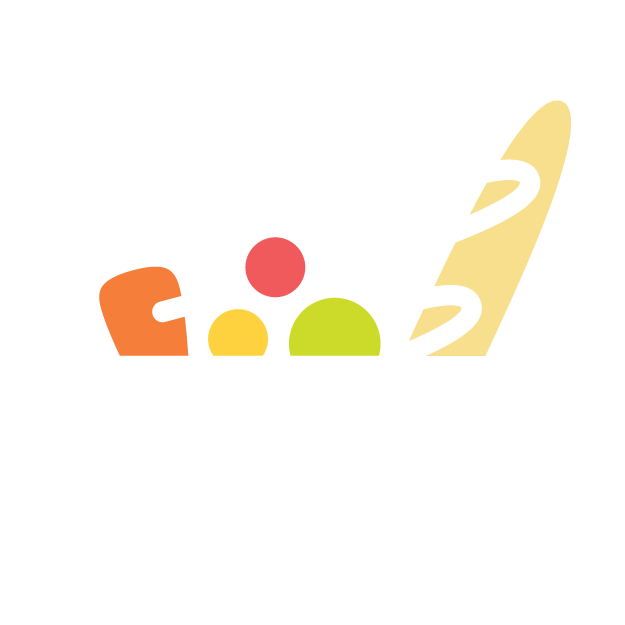 Colorful cartoon illustration of a crate filled with vegetables and a baguette, including a carrot, red onion, lemon, green fruit, and a baguette, on a black background.