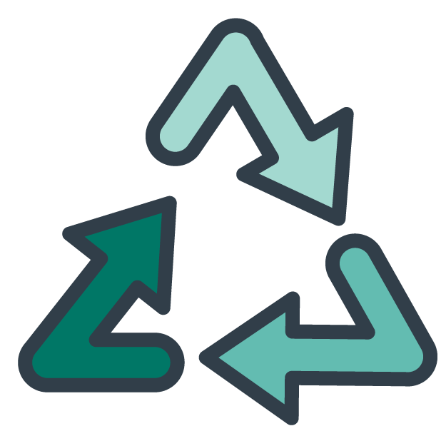 Recycling symbol with three arrows forming a triangle.