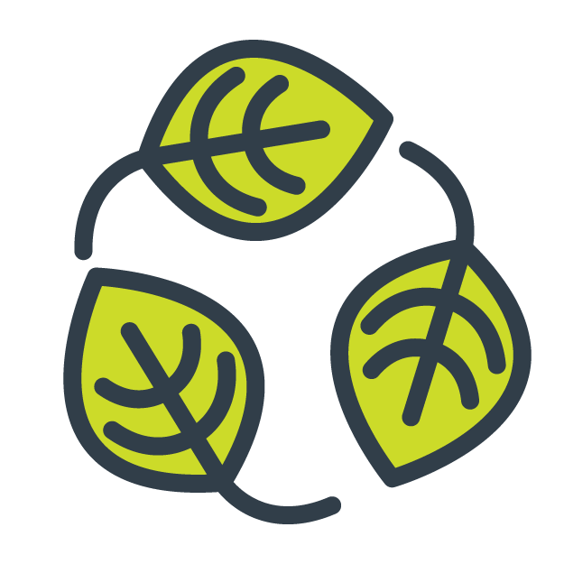 Illustration of three stylized green leaves with dark outlines arranged in a circle.