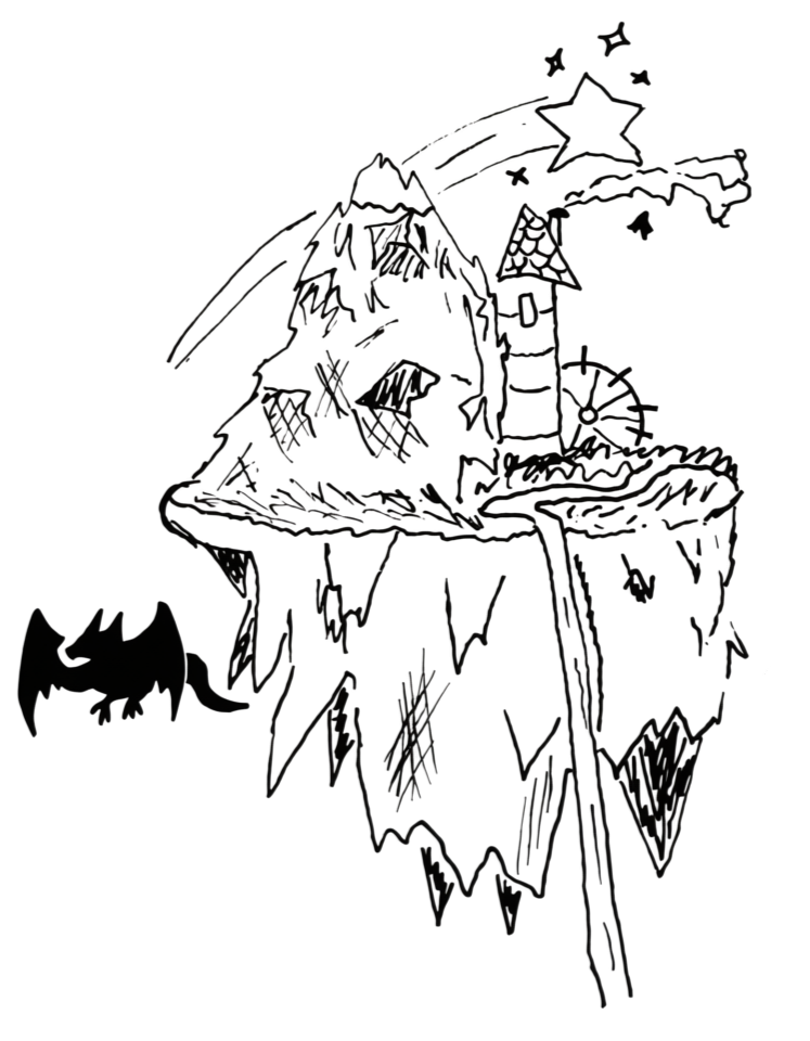 A drawing of a floating island with a small house, a windmill, and a tall mountain, depicted on a dark background.