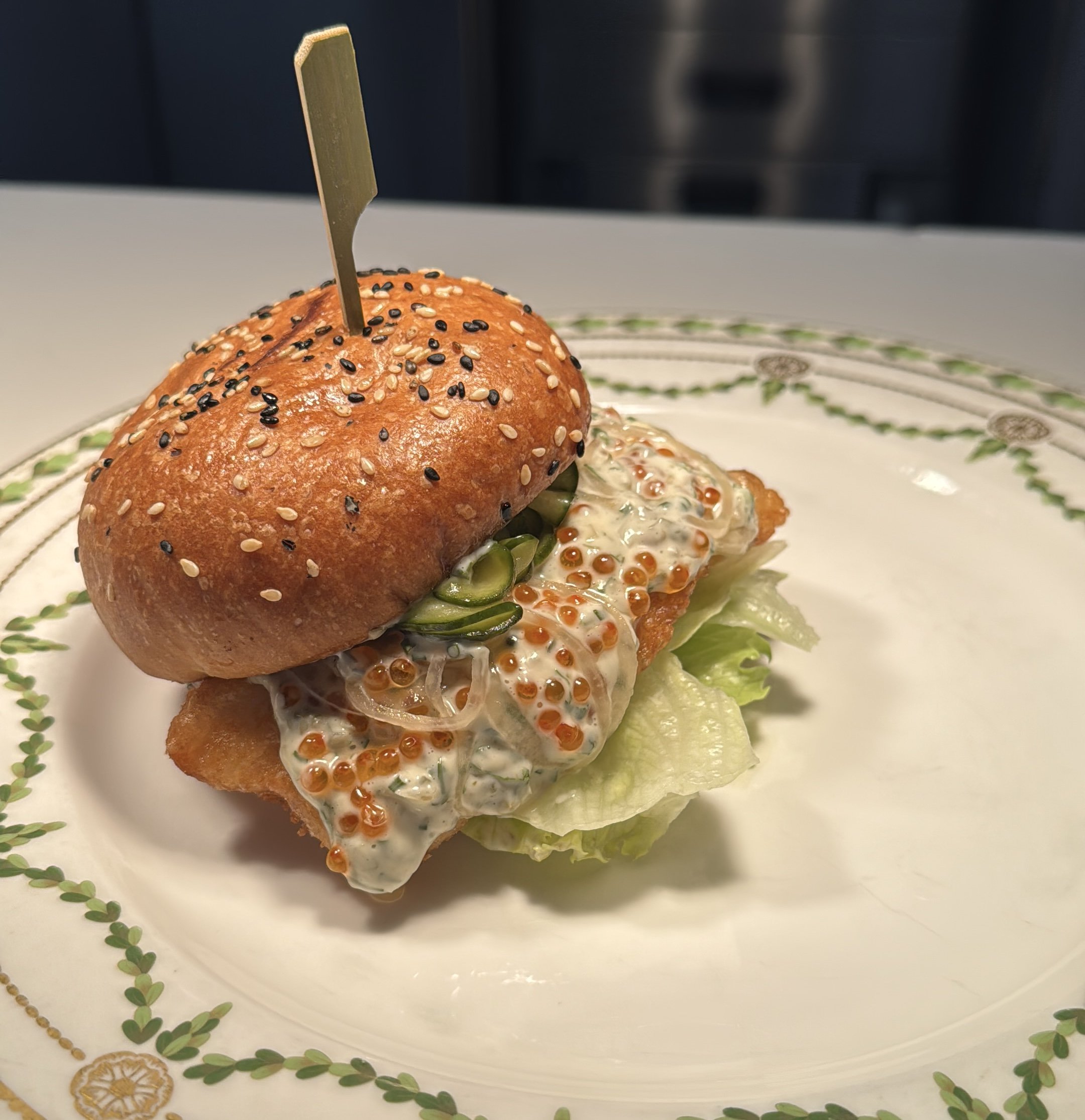 Fish Burger, Tartar Sauce, Pickles, Salmon Eggs, Brioche