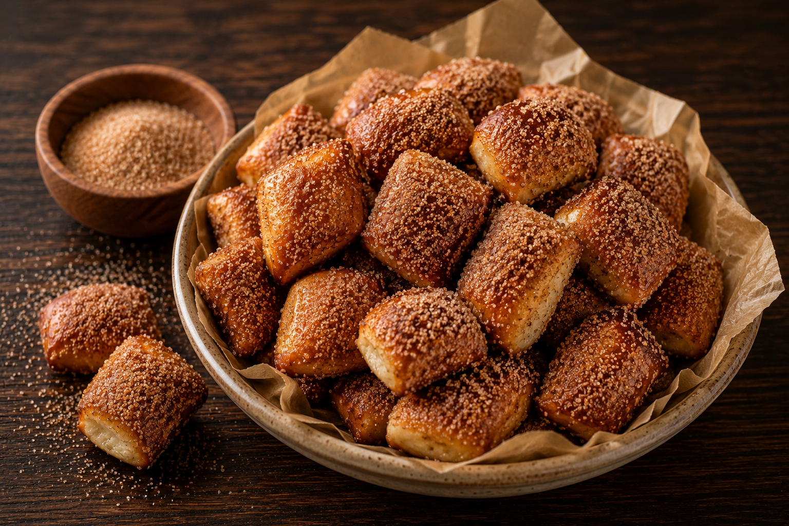 Cinnamon sugar pretzel bites piled on a parchment-lined plate.