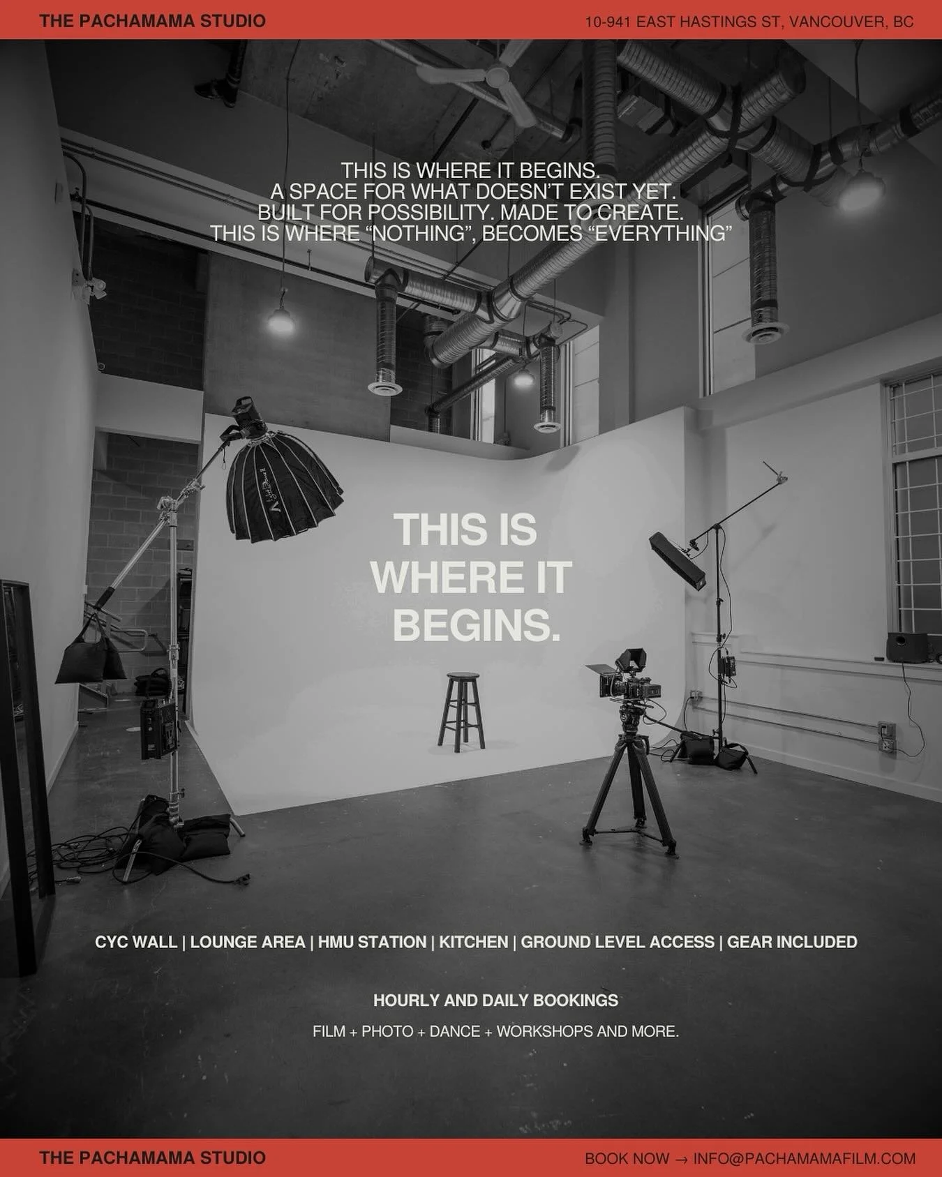 &ldquo;THIS IS WHERE IT BEGINS&rdquo;

CYC WALL
HMU STATION
LOUNGE AREA
KITCHEN
GEAR INCLUDED
GROUND LEVEL ACCESS

Film + Photo + Dance + Workshops and more.

Hourly and daily bookings

@thepachamamastudio 

#ThePachamamaStudio
#HollywoodNorth
#Vanco