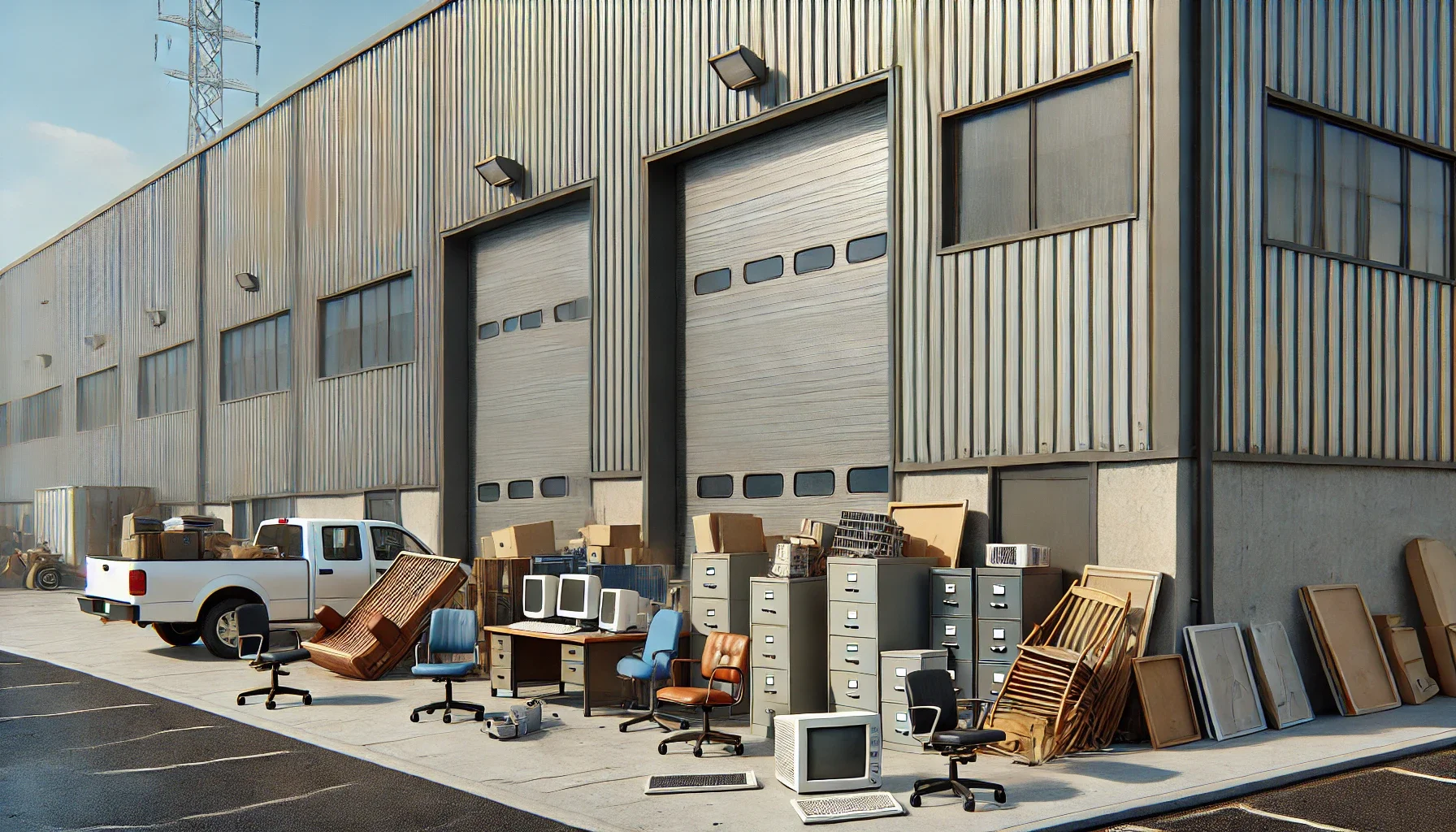DALL·E 2025-08-14 19.51.22 - A highly realistic photographic image of the exterior of a warehouse space with various pieces of junk furniture scattered outside, not in a pile. Ite.webp