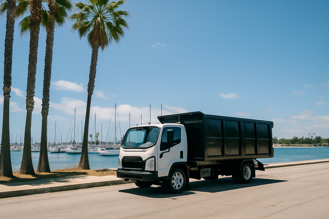 A white and black delivery truck parked on a street near the water with sailboats docked in the marina in the background and tall palm trees lining the street.