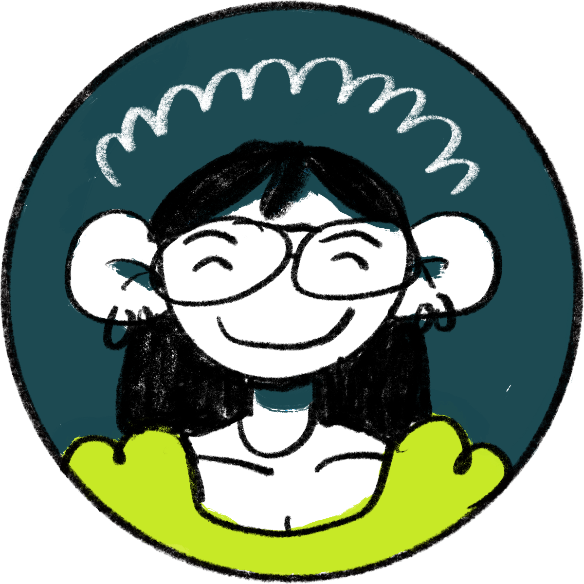 A cartoon drawing of a smiling person with glasses, earrings, black hair, and a lime green sweater, set against a blue background with a white squiggly line overhead.