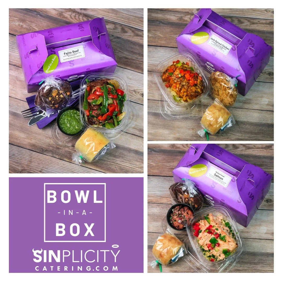 Lunch has never looked so good!🤩

Try our Bowl-In-A-Box lunch option and enjoy individually packaged box lunches suitable for your entire team! Each box includes your choice of entree, a fresh soft roll, and one of our signature Taterdoodle desserts