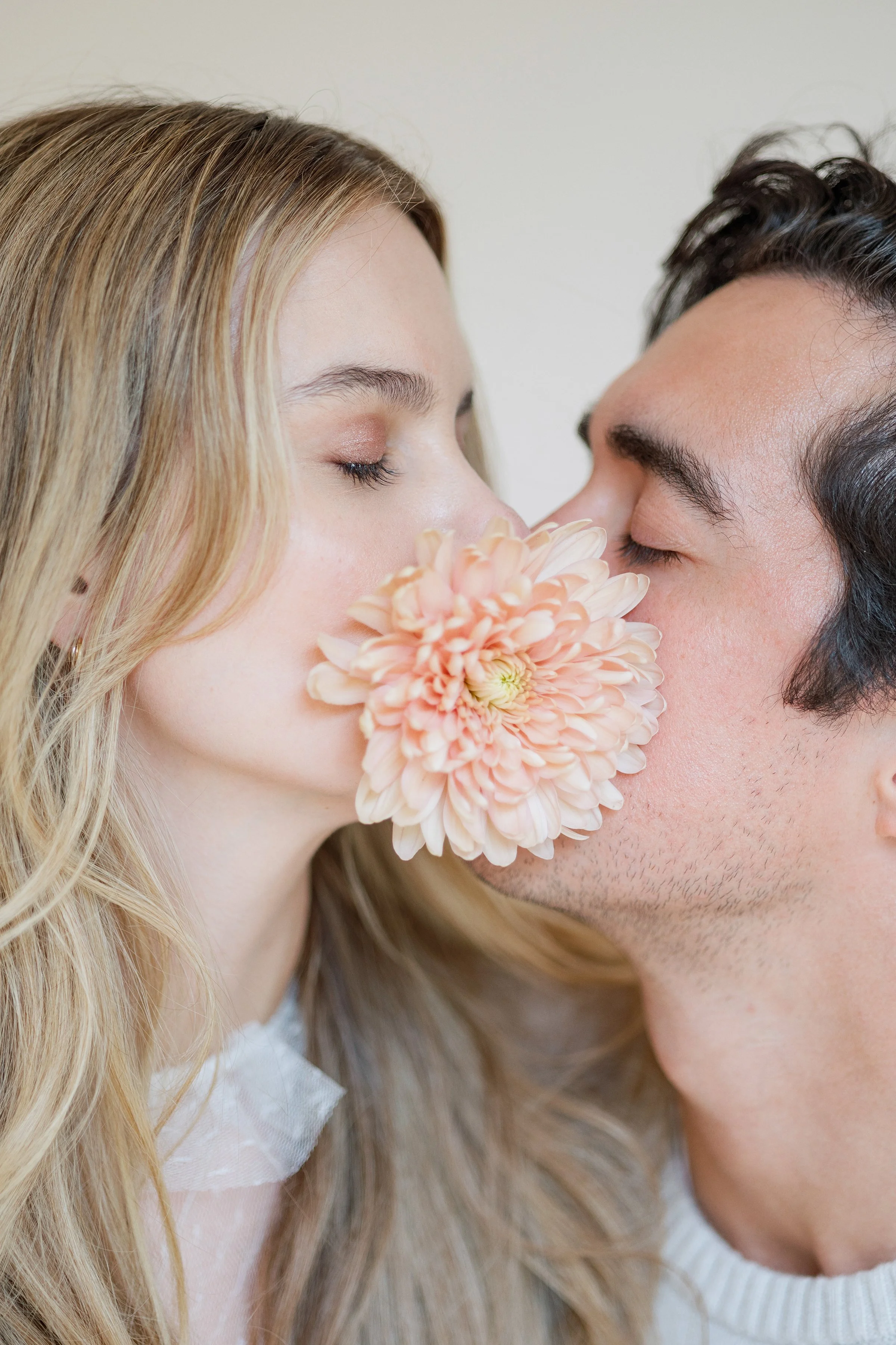 Close romantic portrait of engaged couple captured in Houston TX