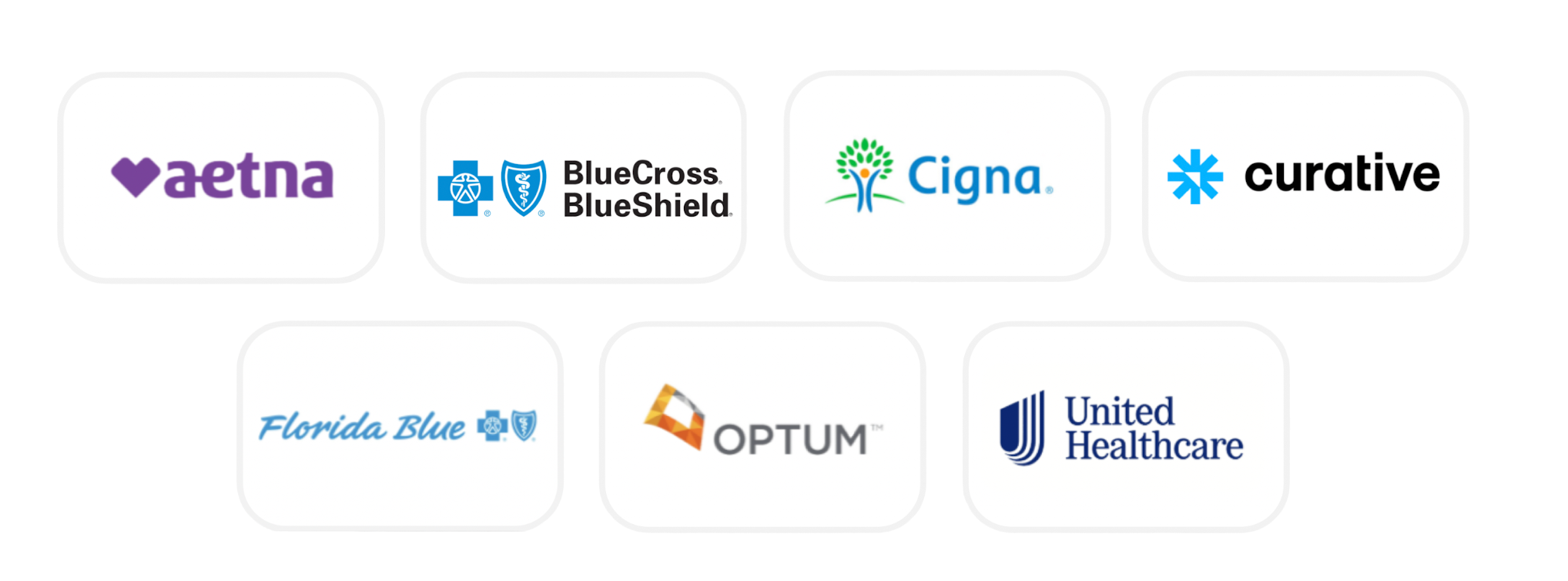 Collection of healthcare insurance logos including Aetna, Blue Cross Blue Shield, Cigna, Curative, Florida Blue, Optum, and United Healthcare.