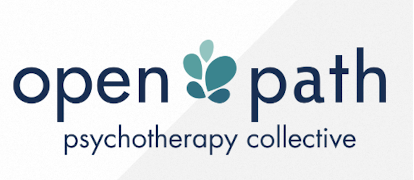 Open Path Psychotherapy Collective logo with a stylized teal leaf symbol and lowercase text.