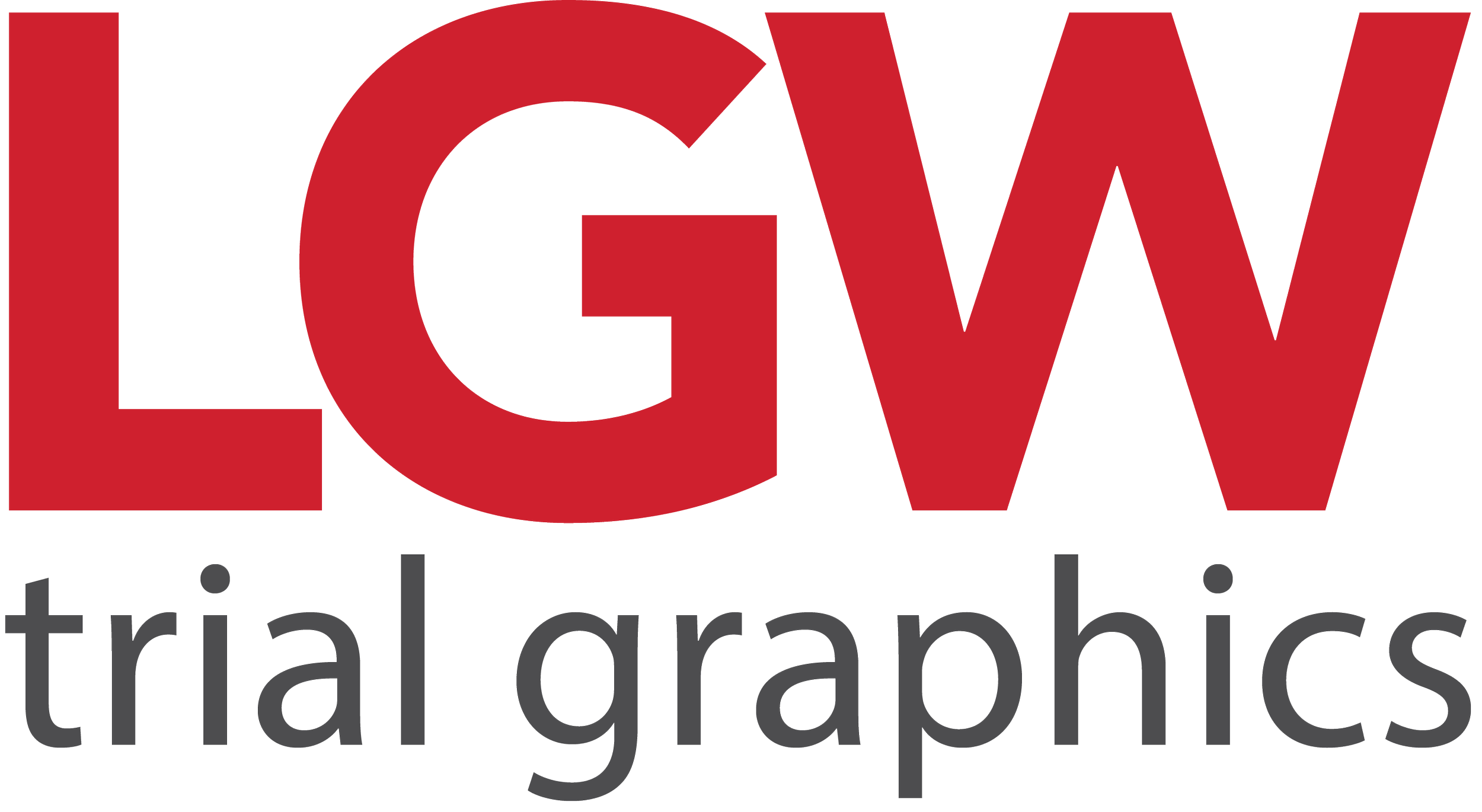 LGW trial graphics logo with red letters LGW and black letters trial graphics.