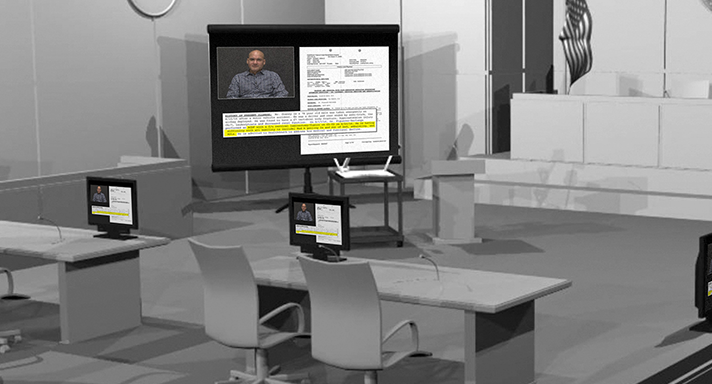 Multiple computer monitors and a large screen displaying a man and text, in a modern office or conference room setting.