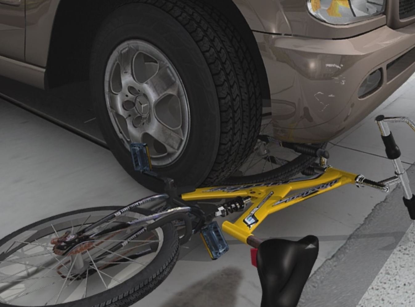 A yellow bicycle is chained to a parked car in a garage.
