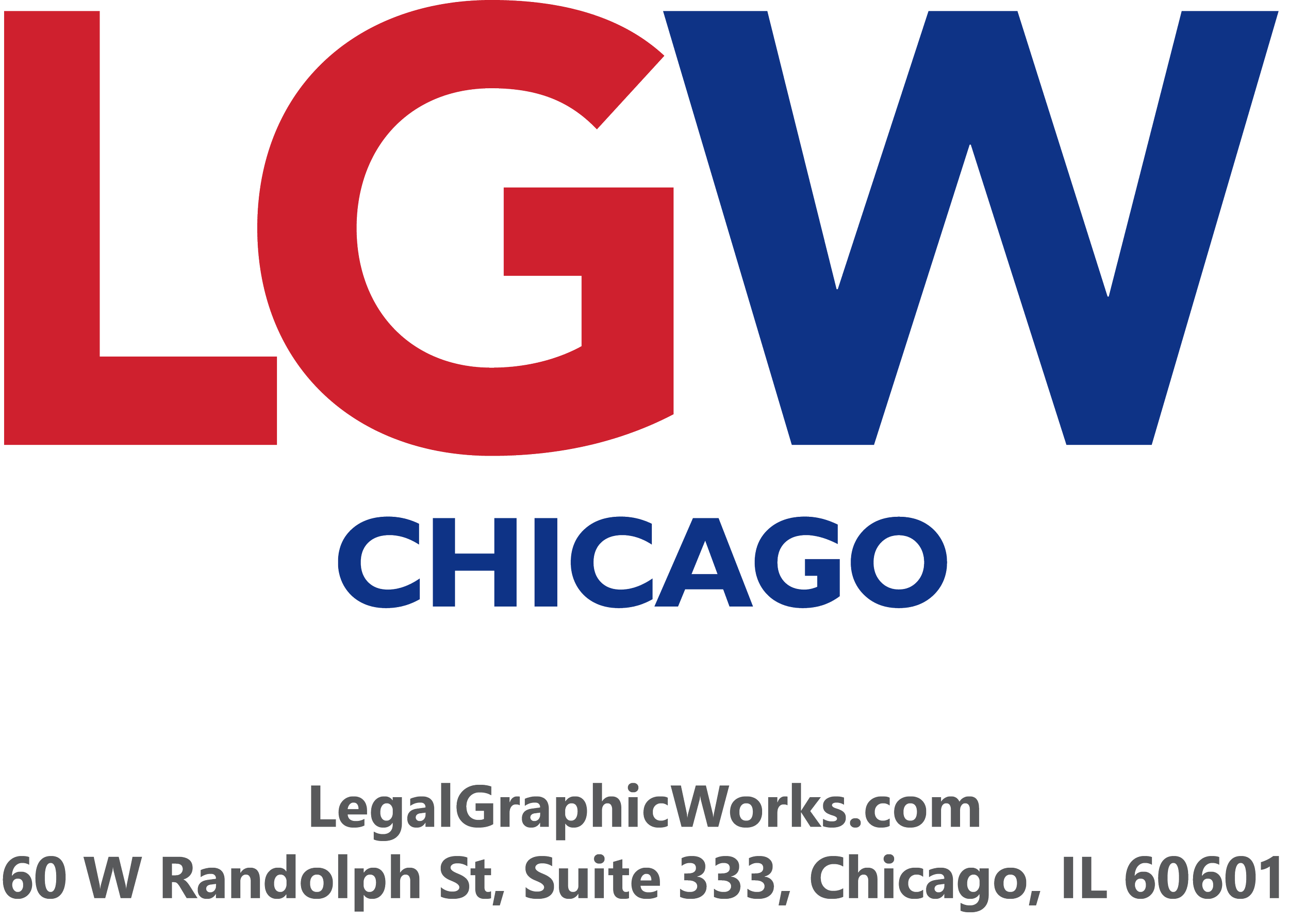 Logo with the letters 'LCW' in large, bold font, with 'Chicago' written below, and the website 'LegalGraphicWorks.com' along with the address '60 W Randolph St, Suite 333, Chicago, IL 60601' at the bottom.