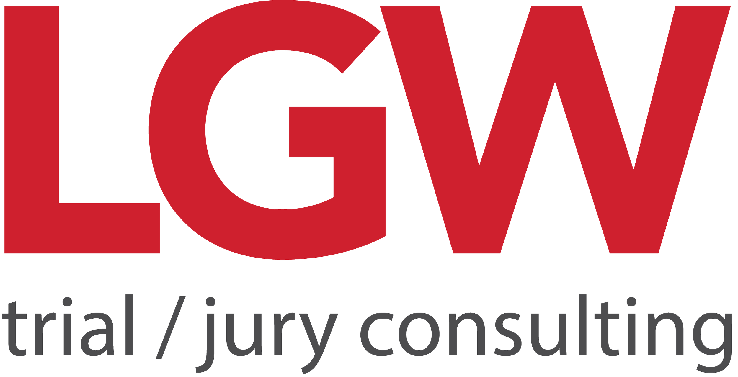 Logo for LGW trial/jury consulting with large red letters 'LGW' and smaller black text 'trial/jury consulting' below.