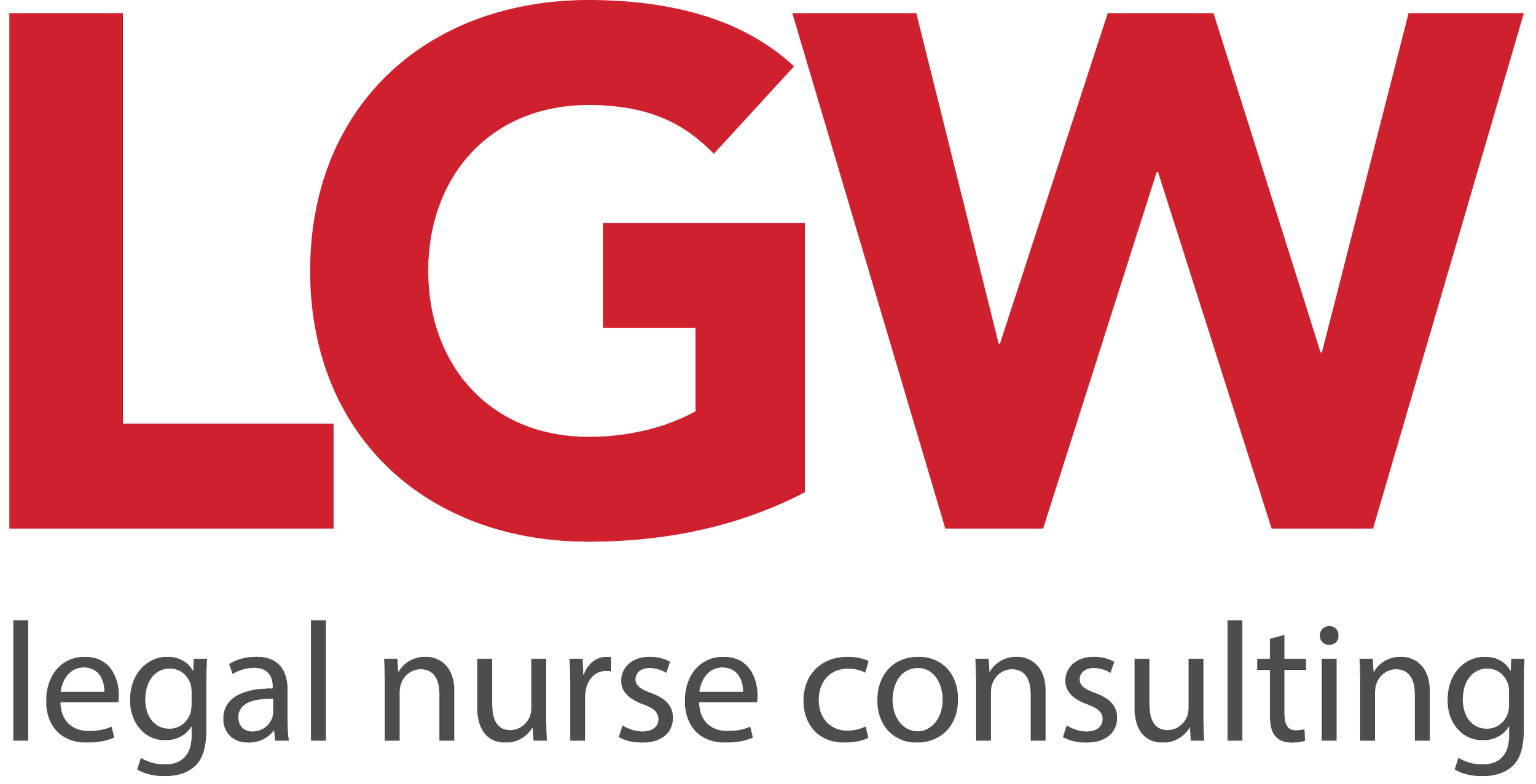 Logo of LGW legal nurse consulting with large red letters LGW and smaller black text legal nurse consulting underneath.