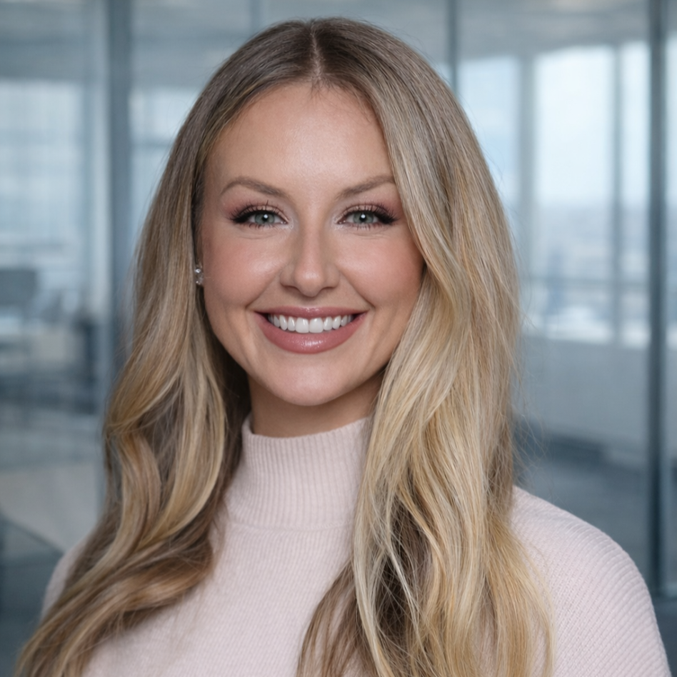 A smiling woman with long blonde hair in a professional setting with large windows in the background.