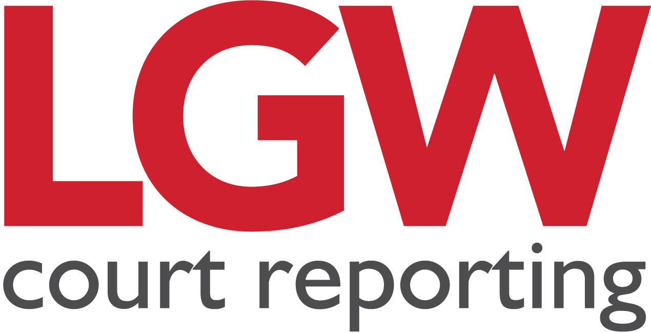 Logo of LGW court reporting in red and black text