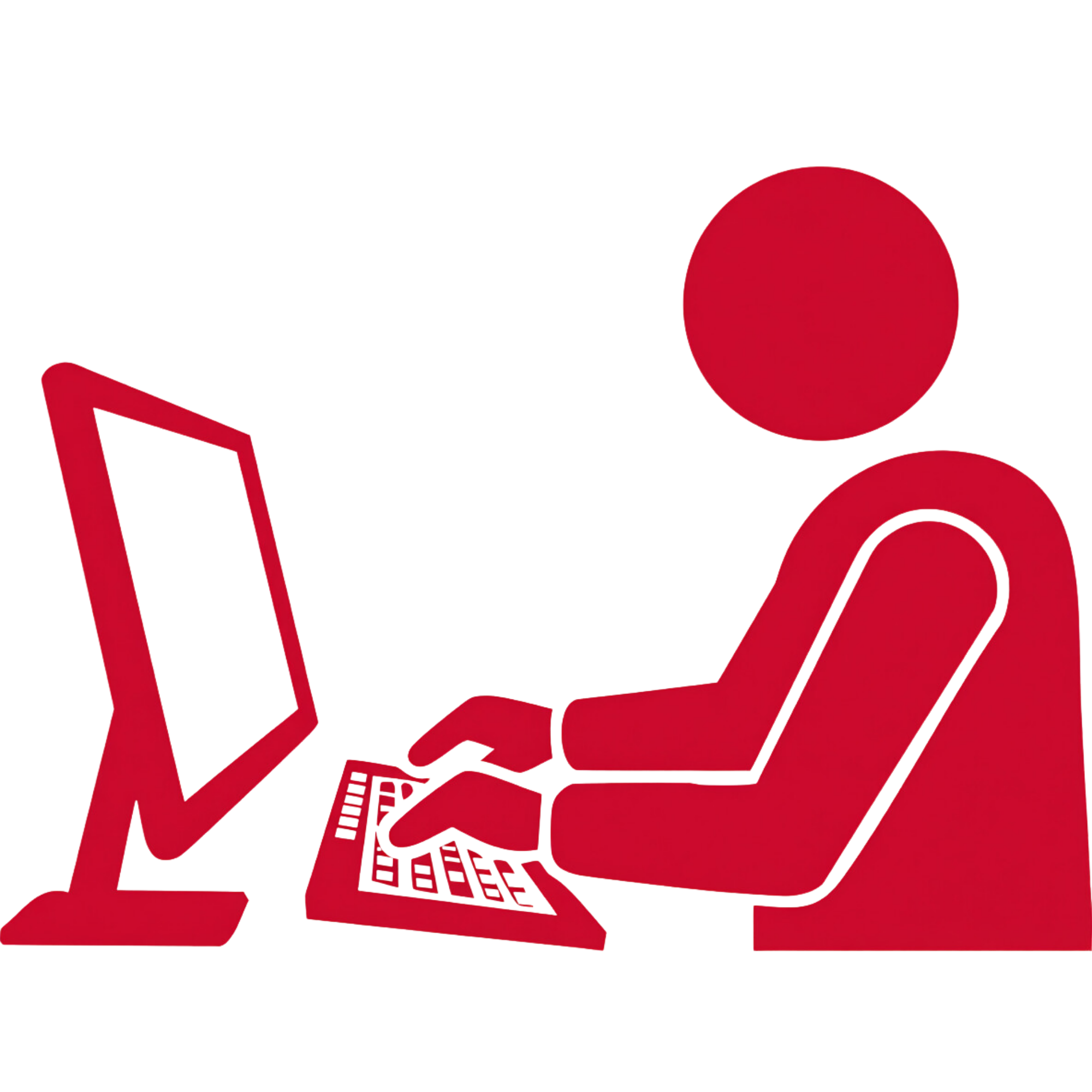 Line drawing of a person sitting at a desk using a laptop