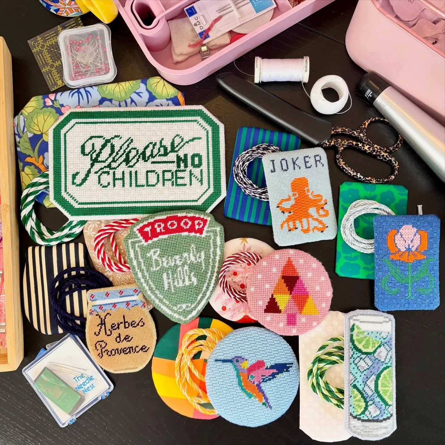 Works in progress for @chrissyborne @bitchesgetneedlepointstitches @stitchingsidekicks and instagramless Courtney. Anyone else recognize the homage to @themahjongline tiles? ❤️ #needlepointfinisher #mahjongtiles