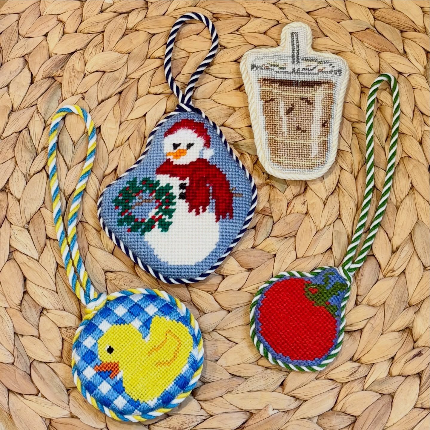 A round of recent finishes for @thepepperpot.co in Barrington, Il. They&rsquo;re a dream to work with and I&rsquo;m so happy to be finishing for them! Check out their stunning shop for your needlepoint (and mahjong!) needs. #needlepointfinisher #ndlp