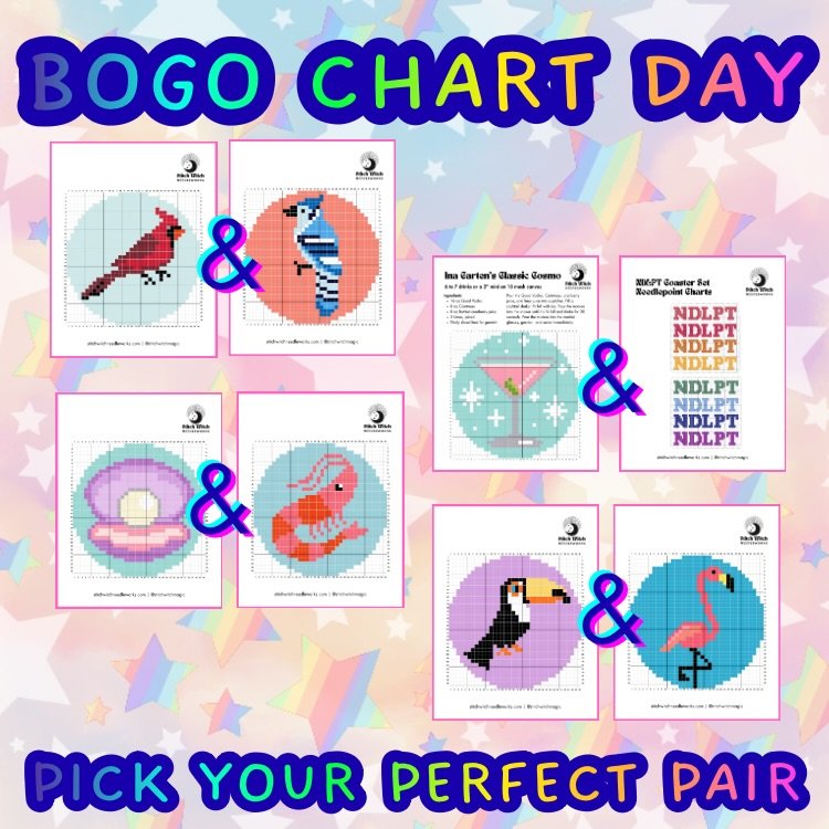 FUN FACT: you can BOGO(free) any charts in my shop, I just thought these were fun pairings. Use the code BOGOINGBONKERS to make your dream mash up. Make a double sided bag charm. Make a double ended bag charm. Make every bird. Have fun. #ndlpt #needl