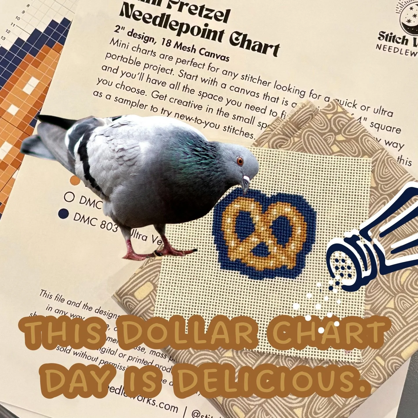 Stitch yourself a snack for one whole dollar. Happy dollar chart day friends. #needlepointchart #stitchonabudget #ndlpt