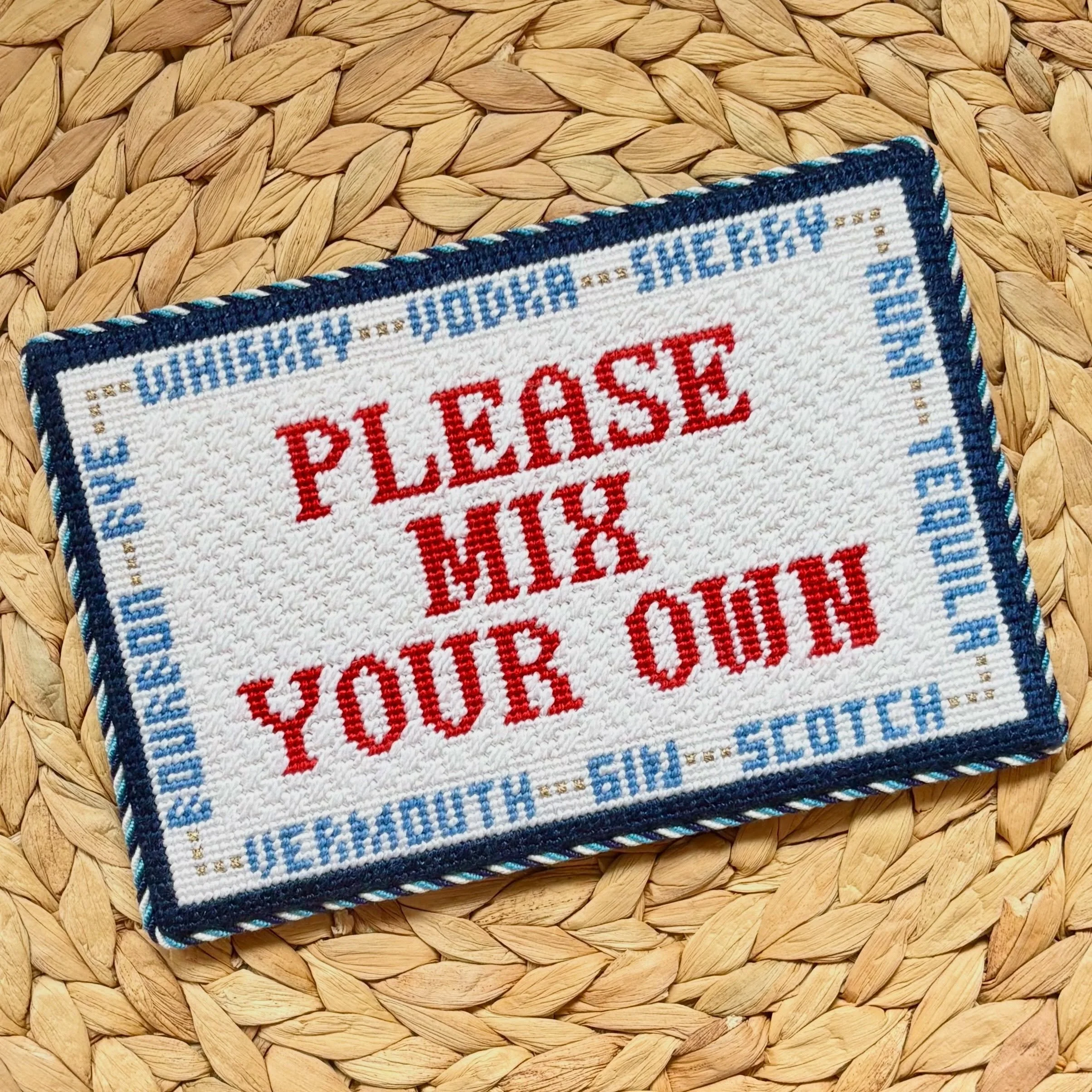 Get excited @bitchesgetneedlepointstitches because you&rsquo;ve got some gems coming back to you! An acrylic foot standup ready for the bar cart, a sign for a sweet baby friend, and some flair for your golf bag. #needlepointfinishing