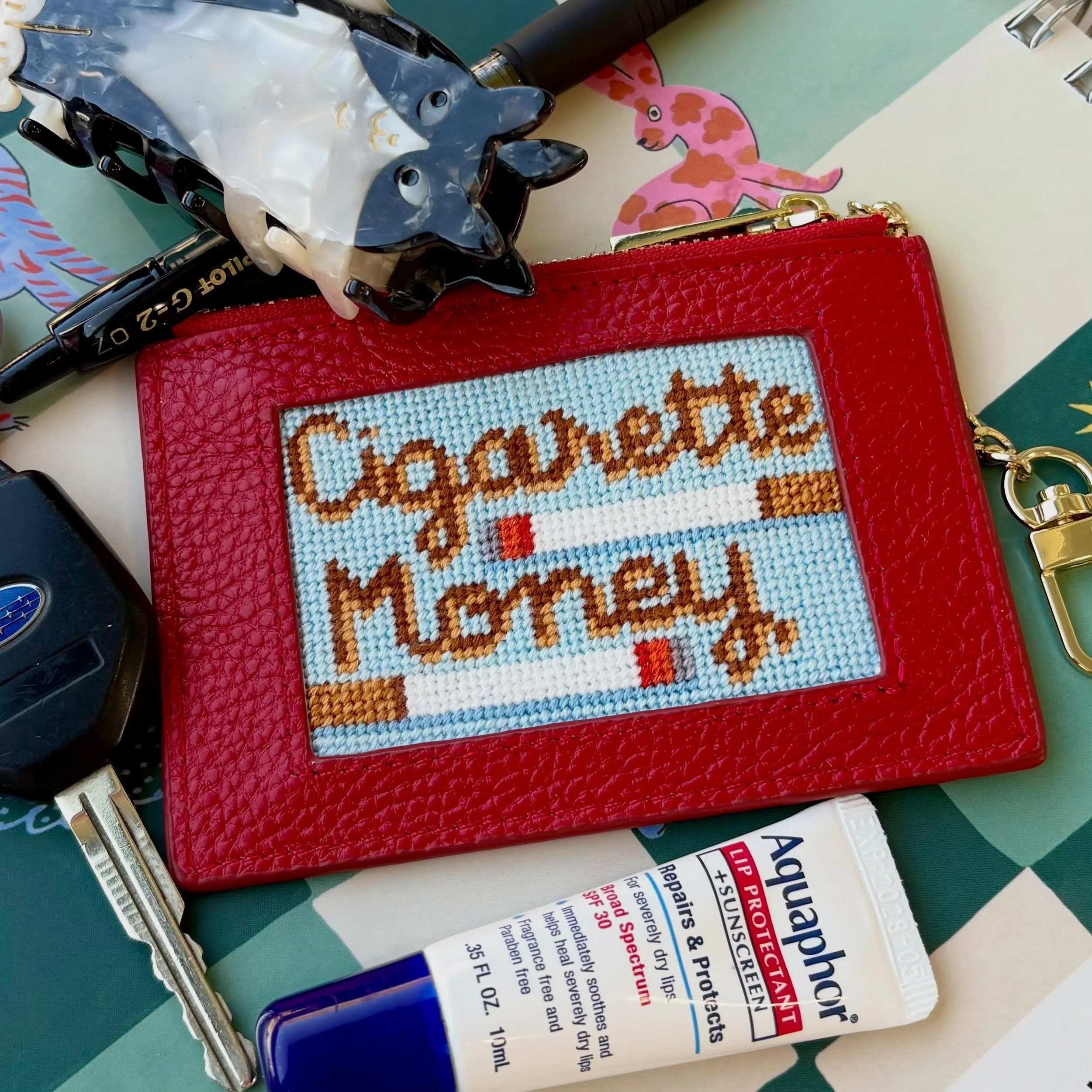 Phone, keys, wallet, vice. Essentials only. @rachelbarridesigns wallet and Stitch Witch Needleworks chart. Head to my link and bio/etsy shop to stitch your own! #phonekeyswalletndlpt
