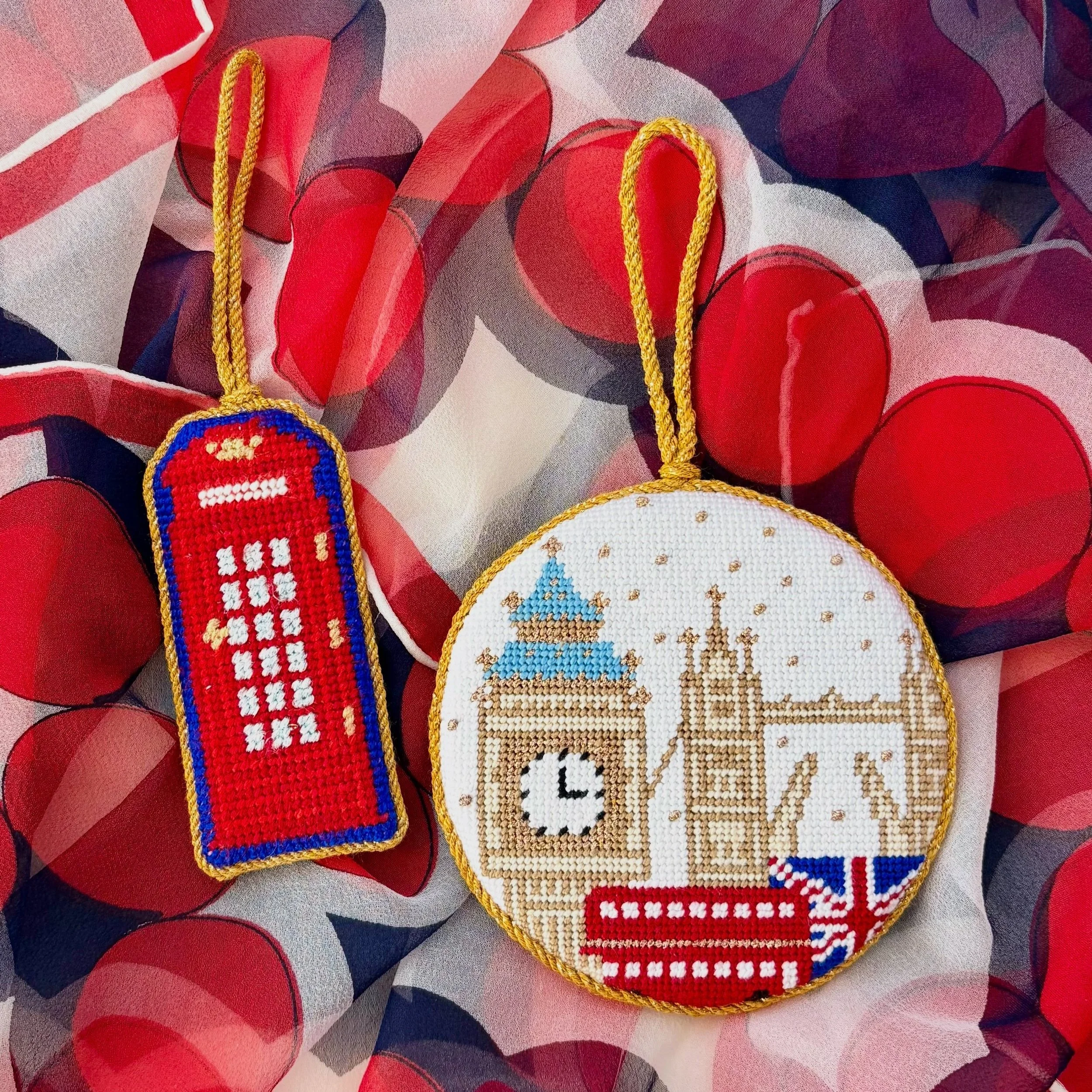 Did everyone go to London this year? Do I need to go to London too? My finishing queue thinks so. Gold corded cuties for @thepepperpot.co clients have matching backing fabric. Designers are tagged. I guess I&rsquo;ll go find my passport? #needlepoint