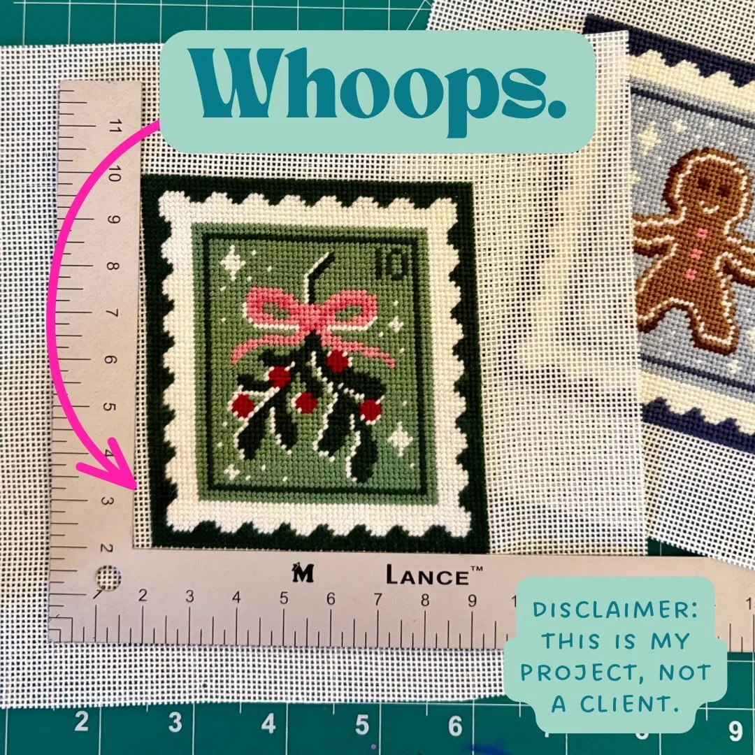 This old project of mine? Not my best work. In fact, it&rsquo;s warped beyond what I can block out (yes, that little triangle of un-square-doom used to be bigger) and I plan on eventually restitching both of these ornaments. HOW did I get this so sla