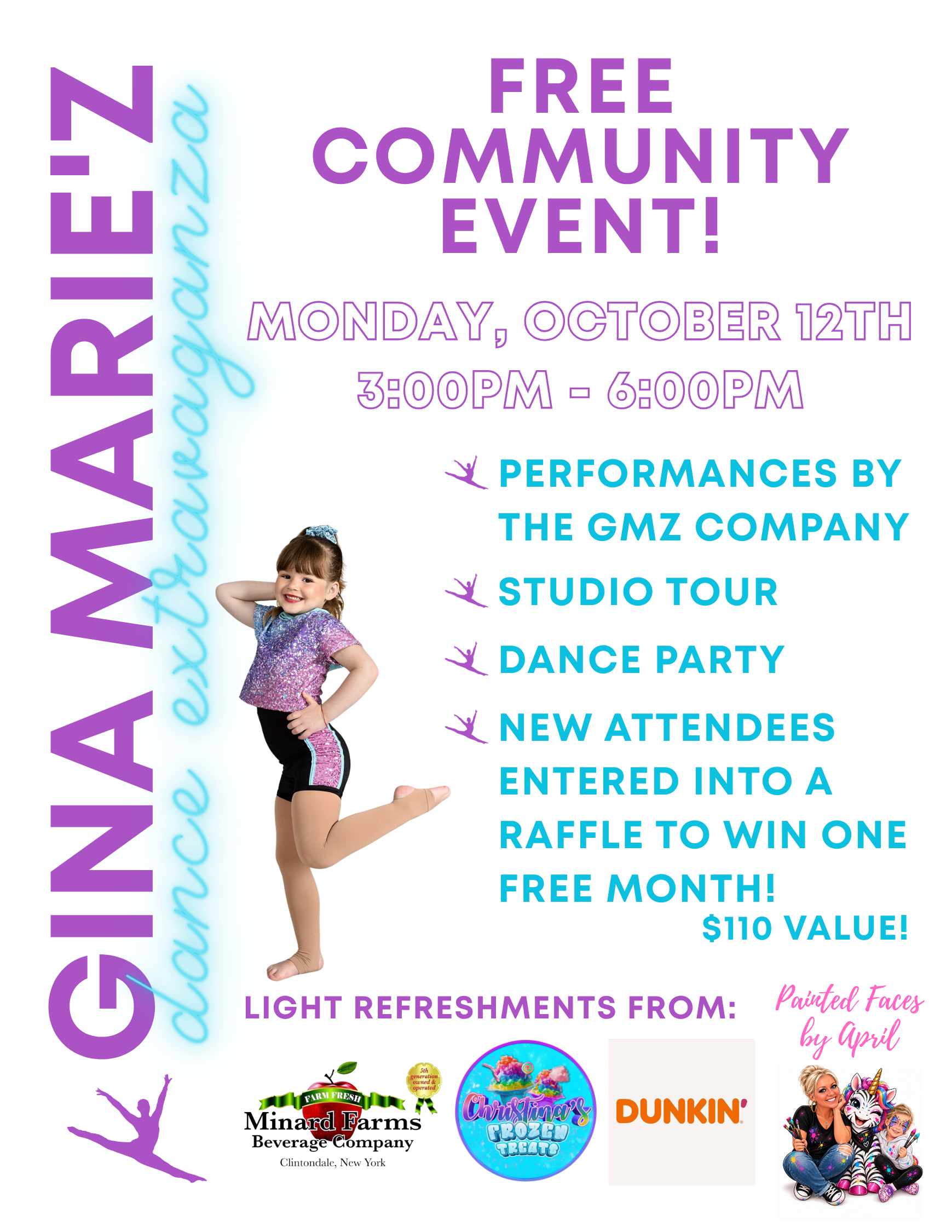 free community event, tour of gina marie'z, raffle and light refreshments, performance by gmz company members