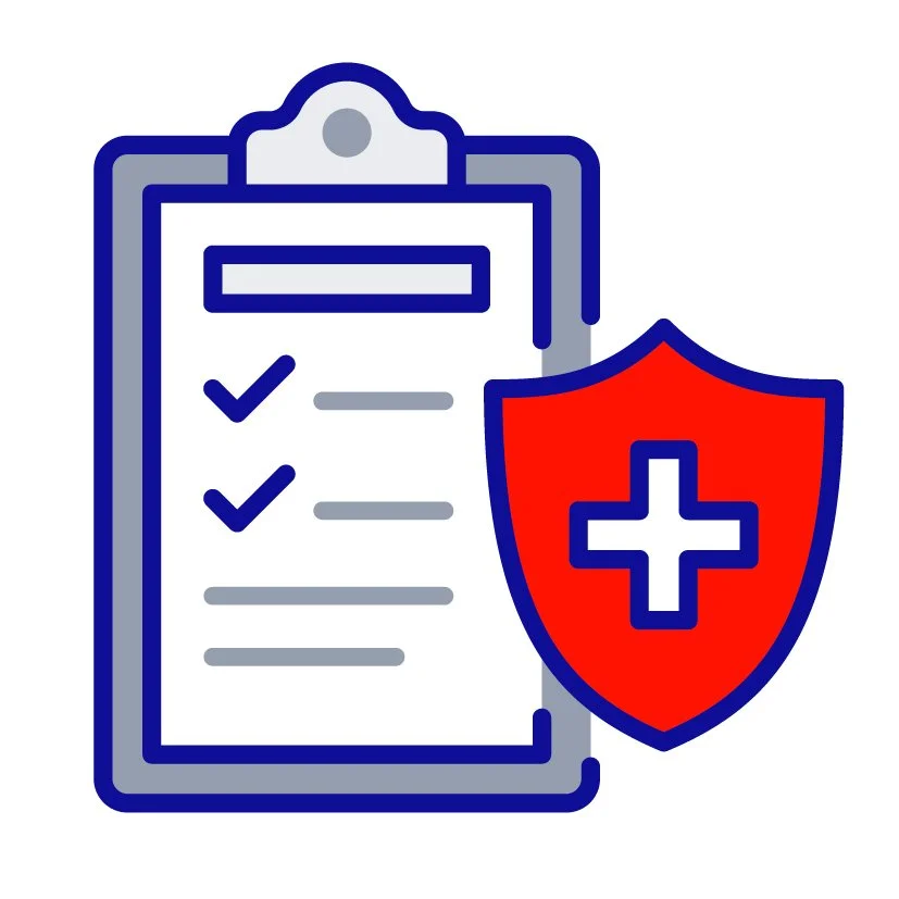 A health checklist on a clipboard with a shield symbol featuring a medical cross, representing healthcare protection or safety.