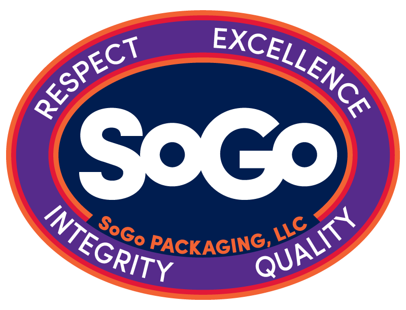 The logo of SOGO Packaging, LLC featuring an oval shape with a purple border. Inside, 'SOGO' is written in large white letters, and around the border are the words 'Respect,' 'Excellence,' 'Integrity,' and 'Quality' in white letters, with 'SOGO Packaging, LLC' in orange text at the bottom.