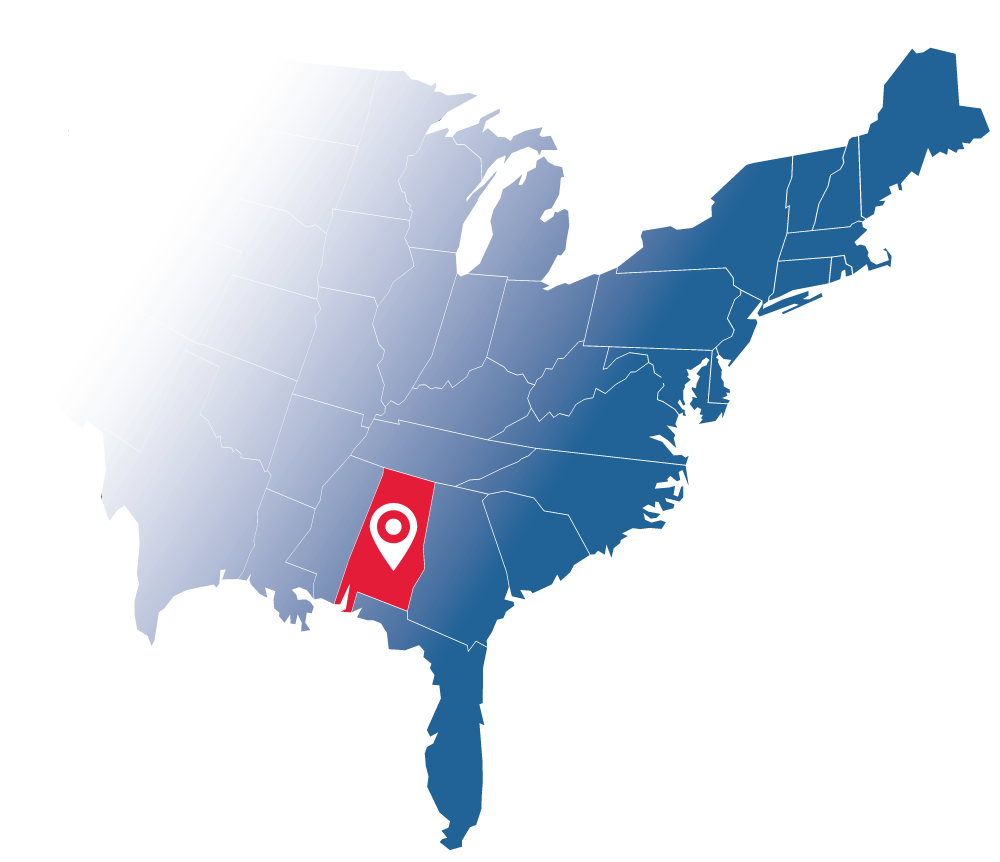 Map showing the state of Alabama in red with a location pin icon, situated in the southeastern United States.