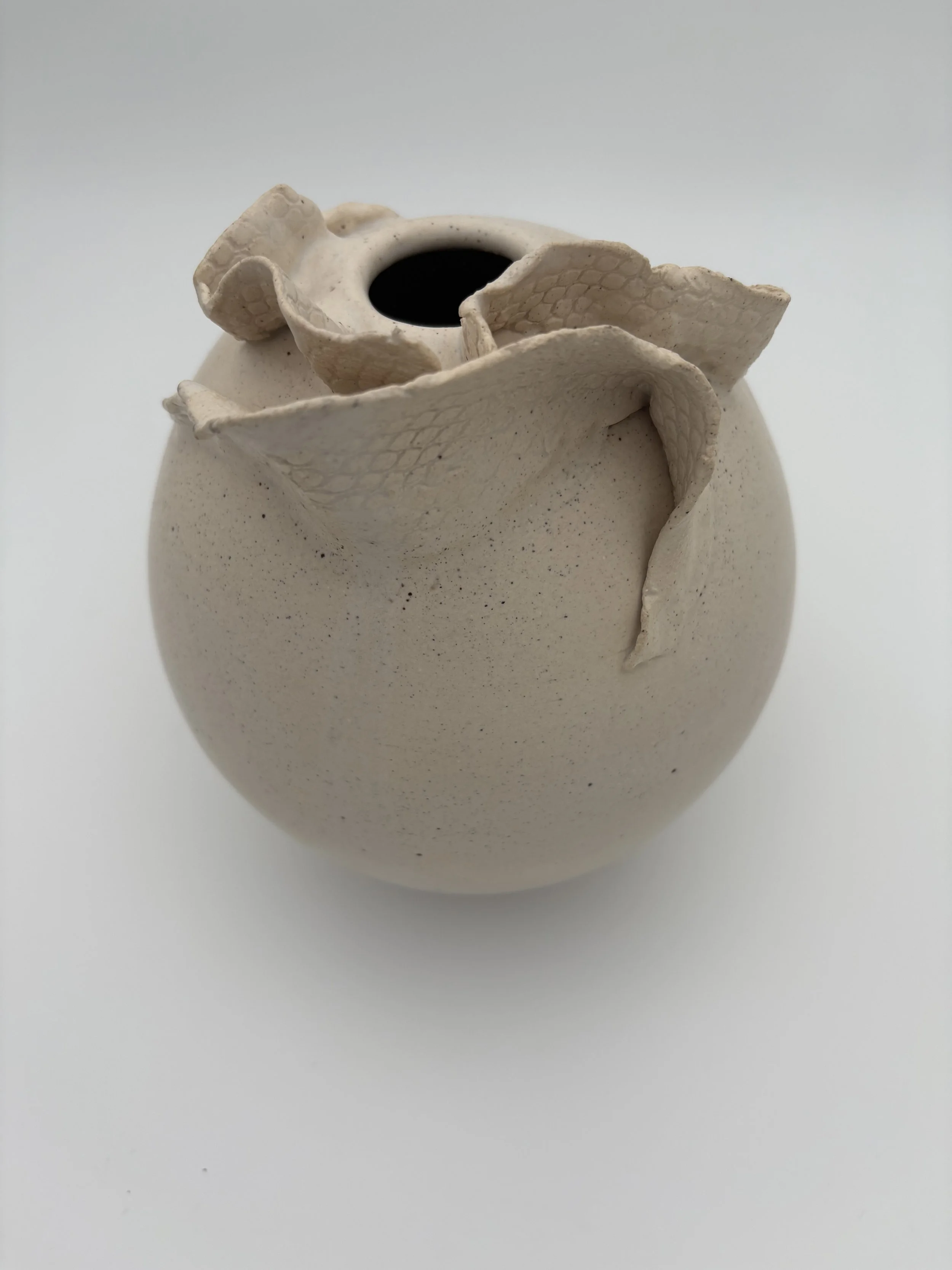 Ceramic vase with uneven, torn, textured beige rim, shot from above against a plain white background.