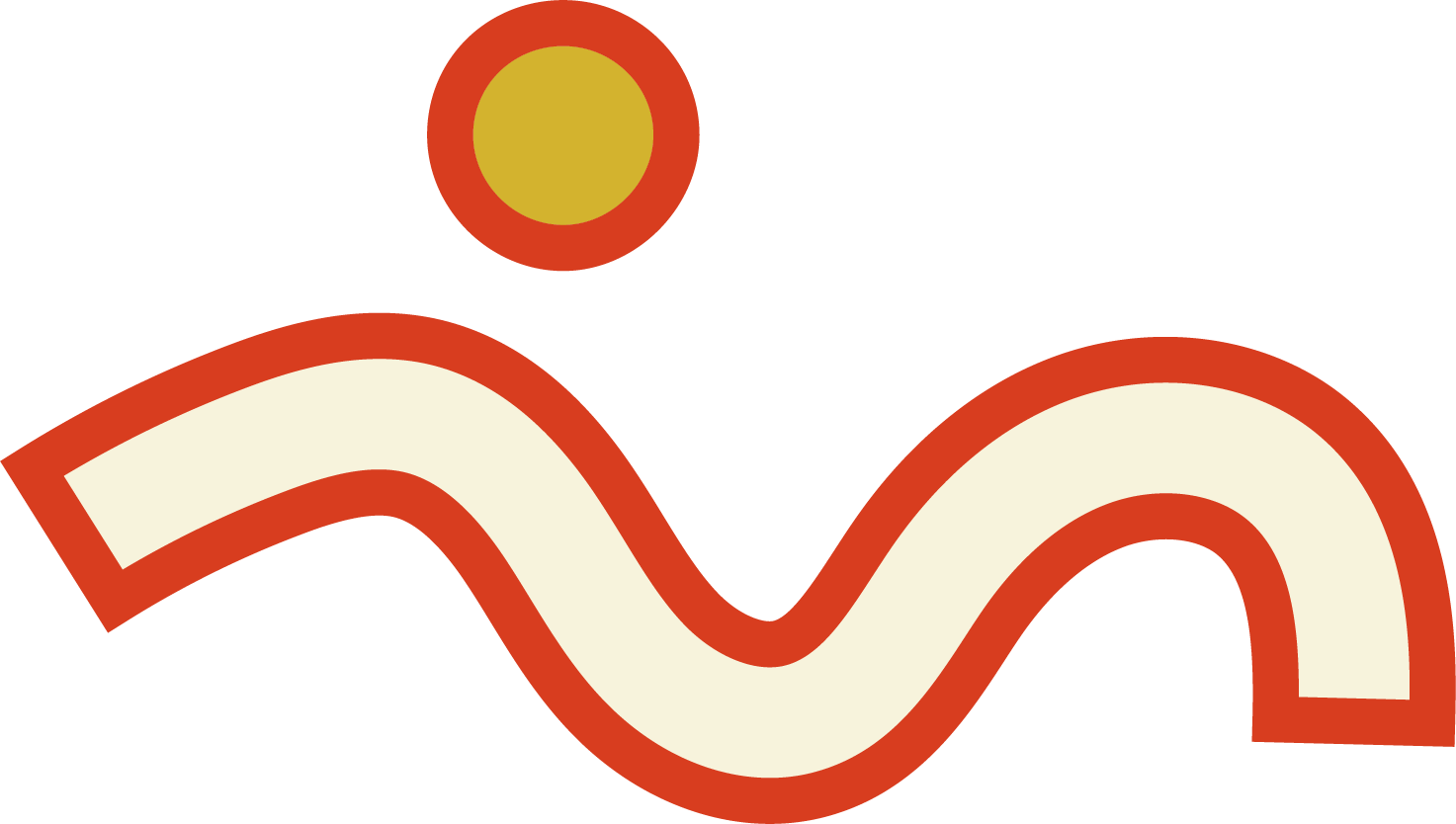 Logo showing cream squiggle outlined in red, bouncing yellow ball on top outlined in red.